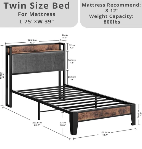 LIKIMIO Twin Bed Frame with Charging Station Headb